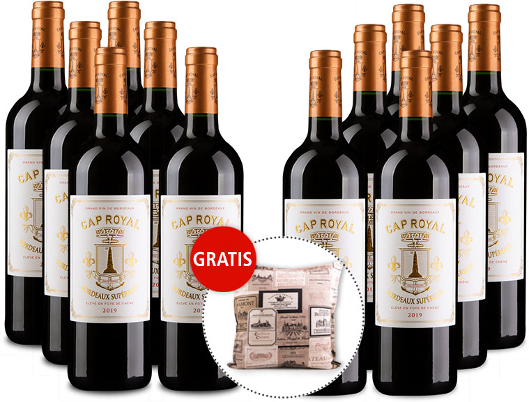 12er Weinpaket Cap Royal Bordeaux Supérieur AOC 2019 + Dekokissen gratis